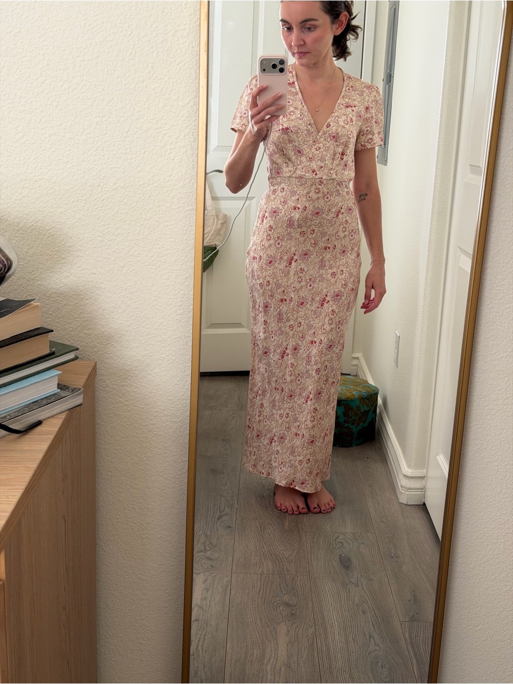 Lily Ashwell 100% silk Floral Wrap Maxi Dress in Cream and Pink